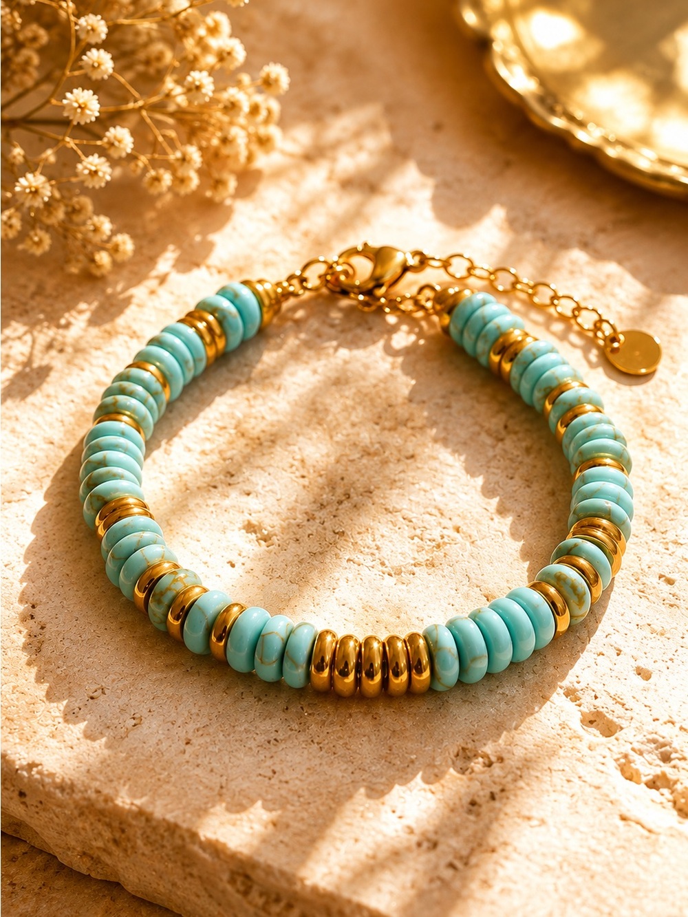 Turquoise and Gold Beaded Bracelet - Picture 1 of 5